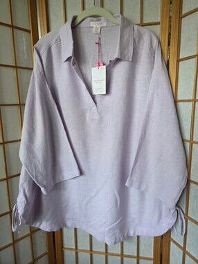 NWT WOMENS ISAAC MIZRAHI NY LEVANDER COLOR LINEN MIX RELAXED BLOUSE SIZE 1X